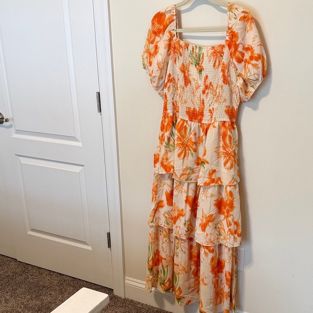 BTFBM Women’s Floral Orange Square Neck Smock Ruffled Midi Dress / Size XL